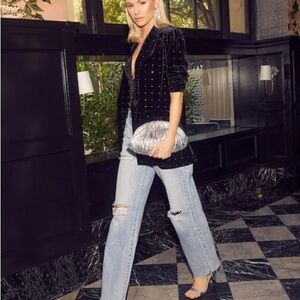 Vici Runway Muse Pocketed Embellished Velvet Blazer - Black